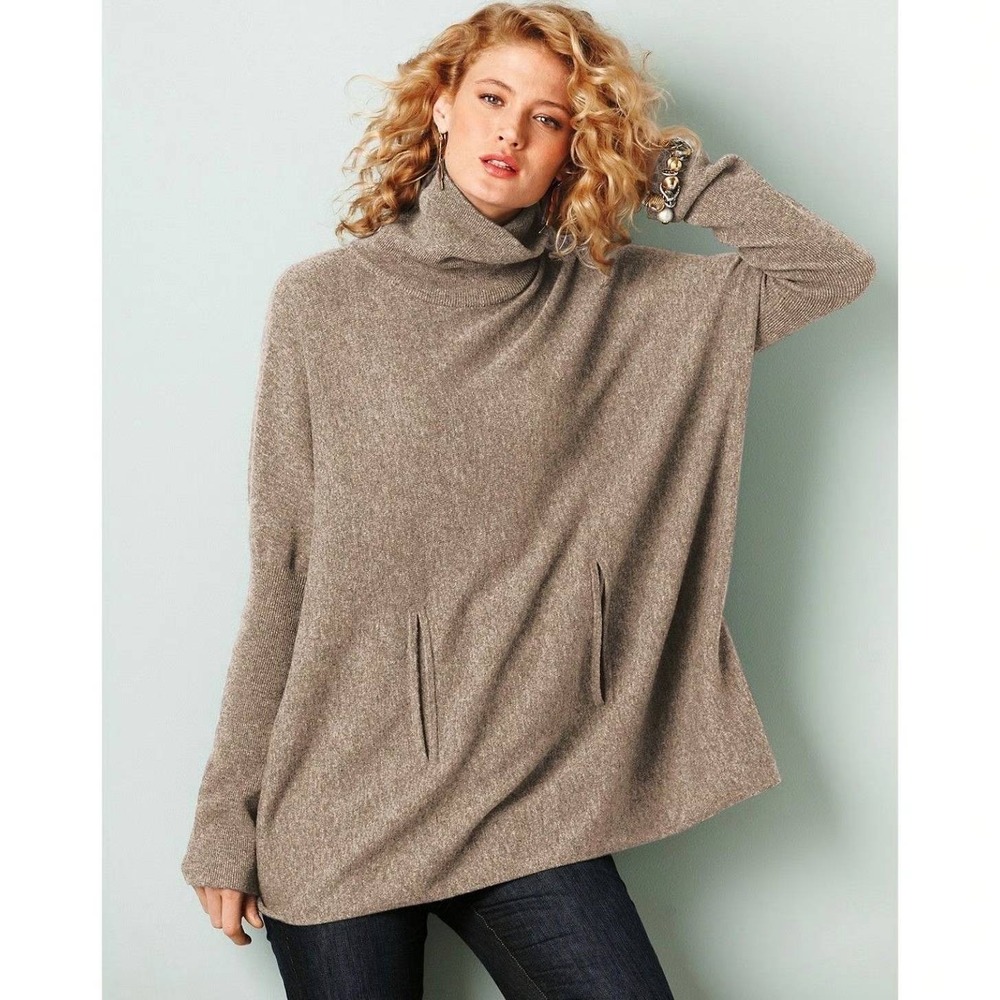 Garnet Hill Sz Sm Oversized Tunic Sweater Taupe Brown Pockets Oversized Cashmere